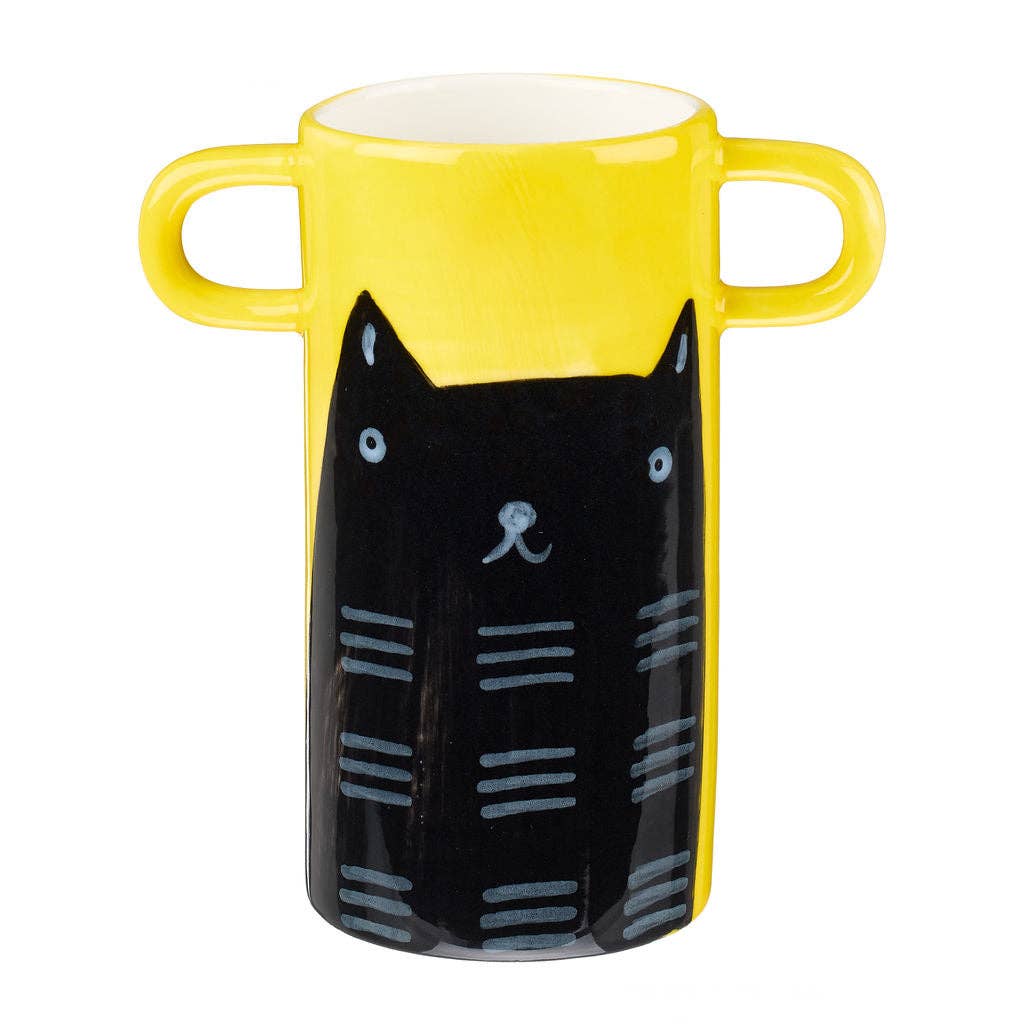 Yellow vase with handles and black cat illustration.