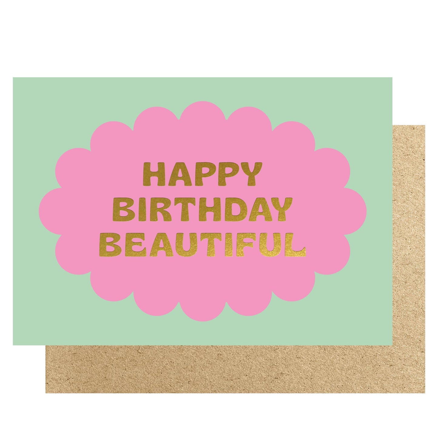 Greeting card with 'Happy Birthday Beautiful' text on a pink flower-shaped design against a light green background.