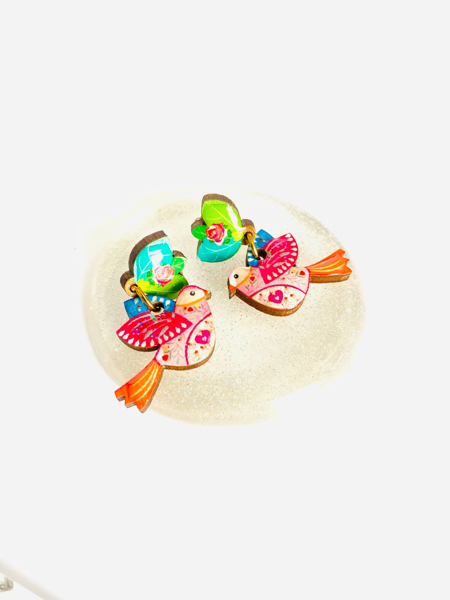 Resin and Wood folk style bird drop stud earrings.