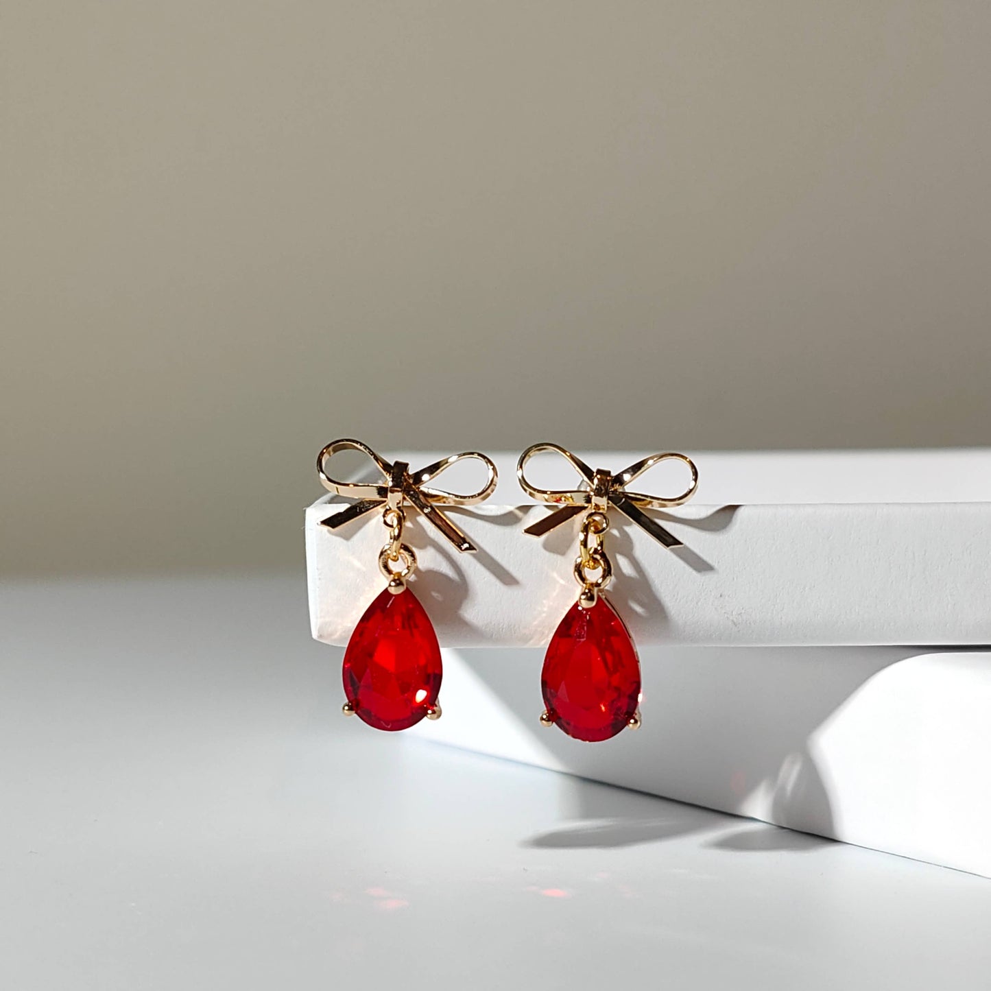 Red Cubic Zirconia Teardrop Bow Earrings