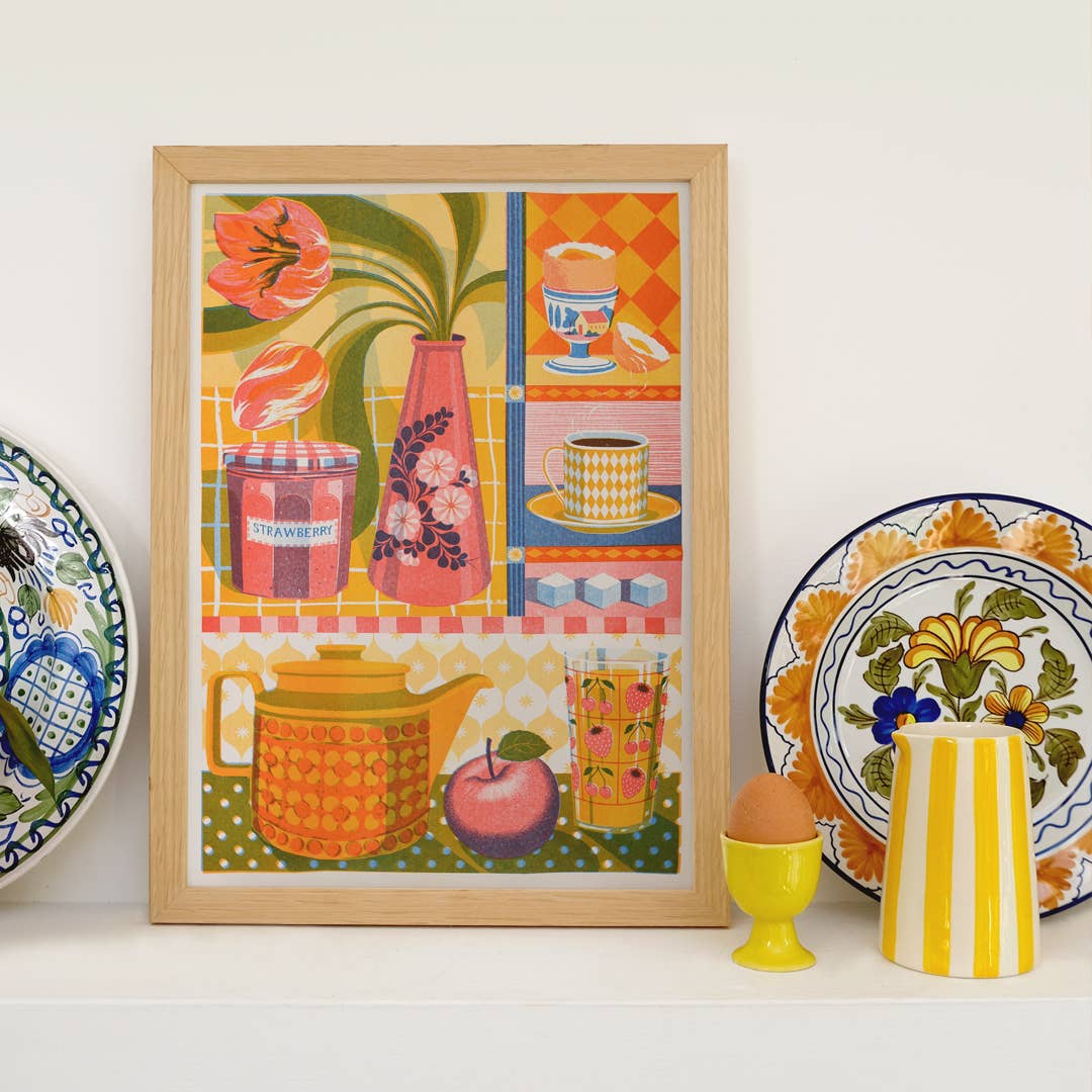 Teapot & Tulip | A3 Risograph Print, wall art | Kitchen, breakfast