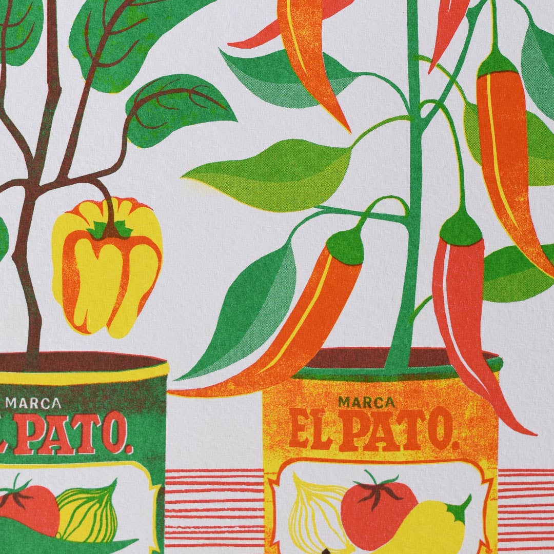 Risograph print of chillis growing in tins.