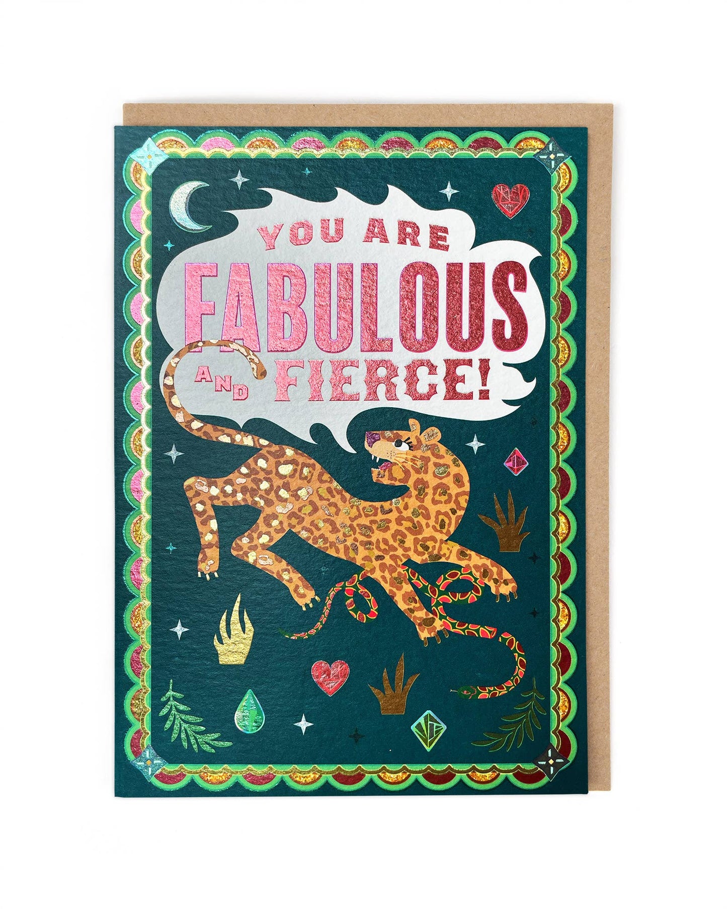 A greeting card featuring a leopard with a speech bubble that says "You are Fabulous and Fierce!".