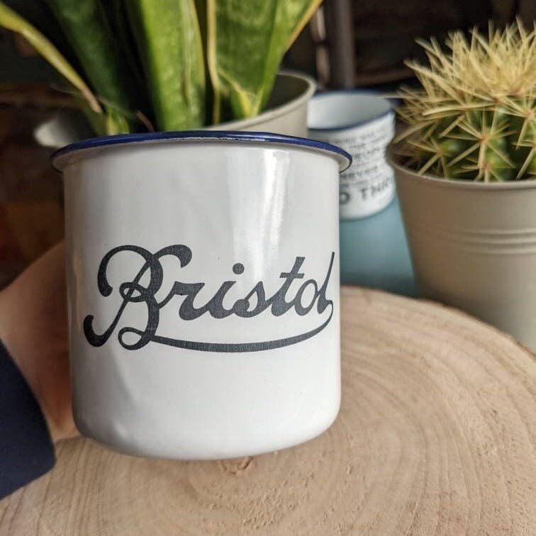 Enamel tin mug with laser cut scroll Bristol or I Fucking Love Bristol.
