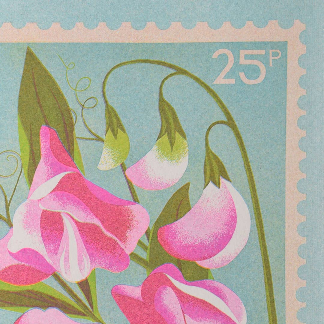 Risograph print of a sweet pea on a stamp