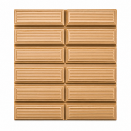 A square chocolate bar with a segmented grid design, featuring a warm caramel brown color and horizontal ridges, isolated on a white background.