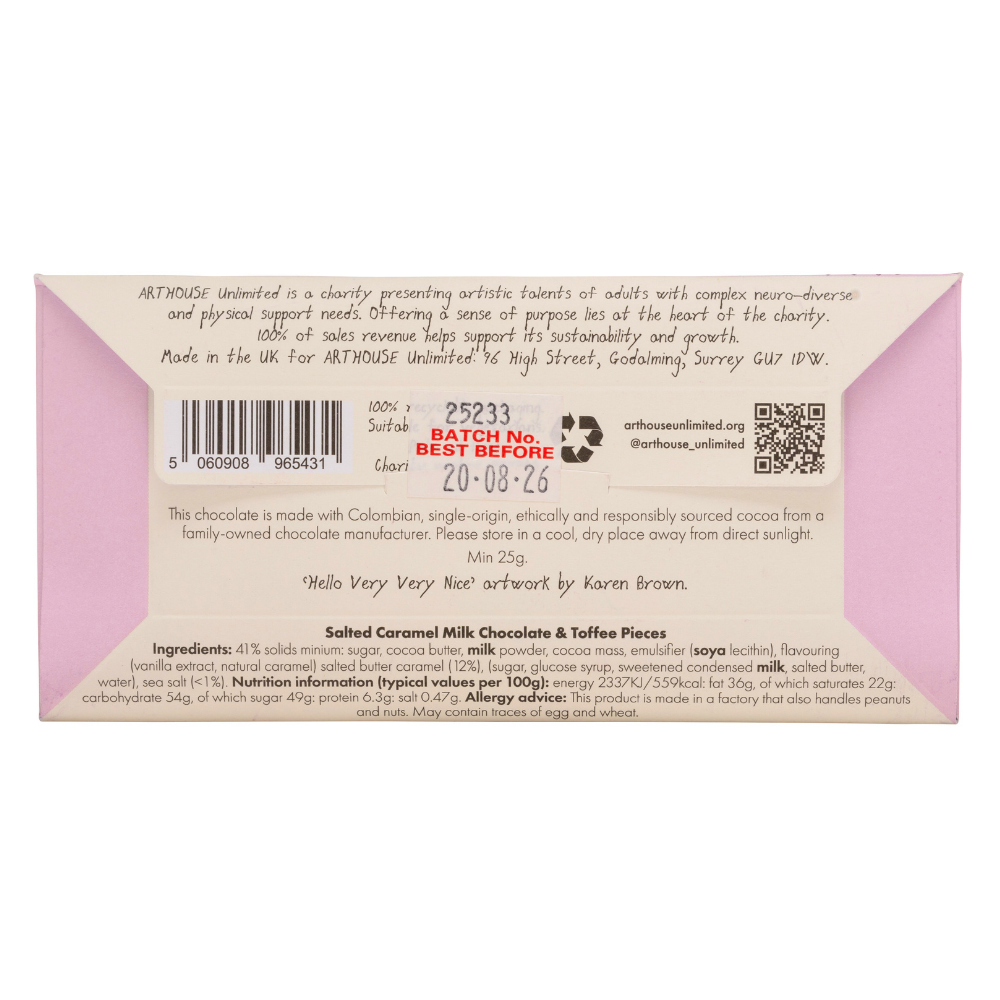 Back of a chocolate bar packaging with text and branding