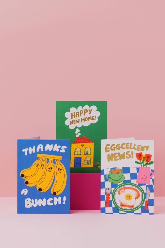 Digitally Print Card with the ilustration of a fried egg on toast with the works Eggcellent News!