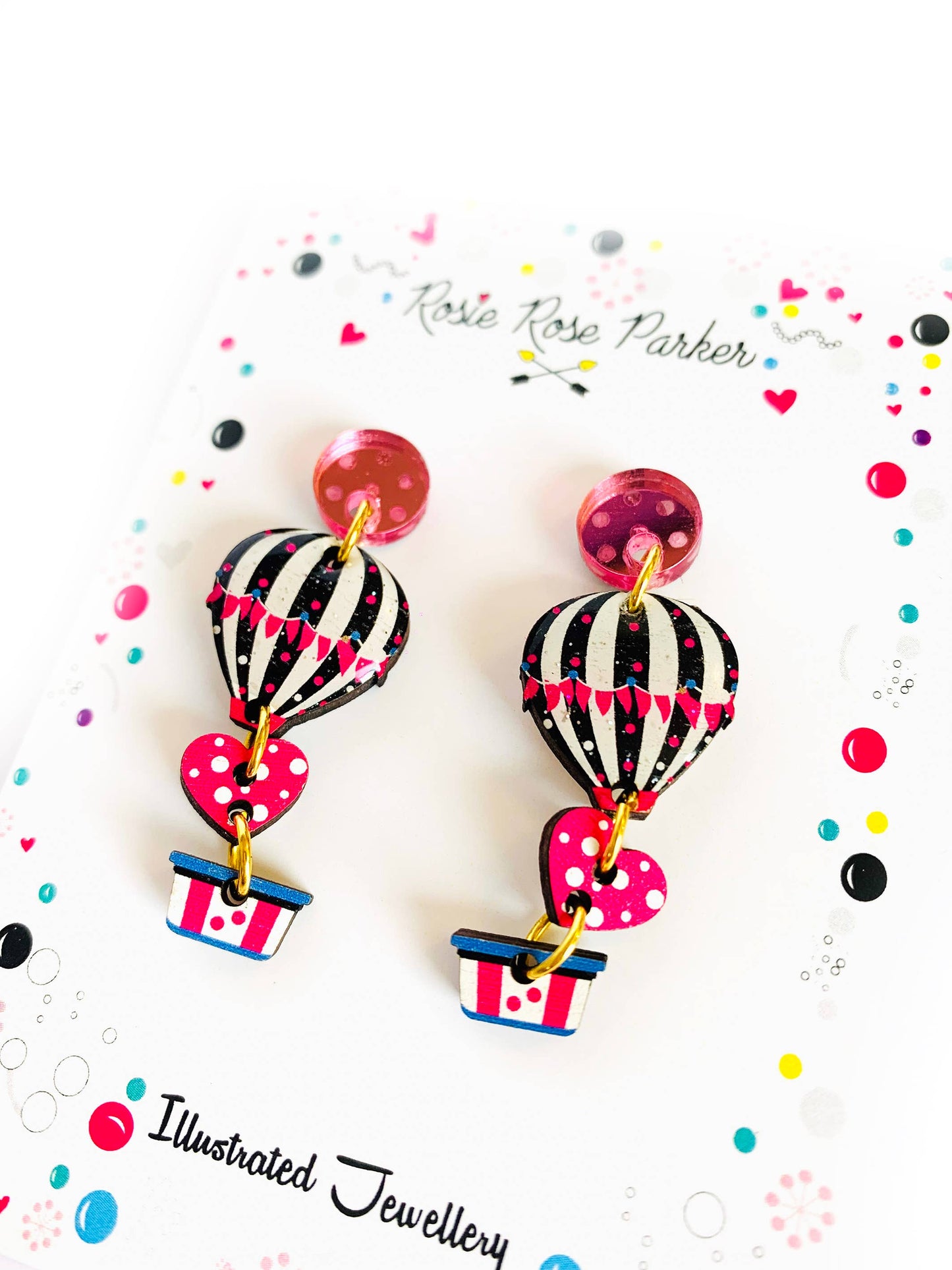 Wood and resin funky drop hot air balloon and heart earrings.