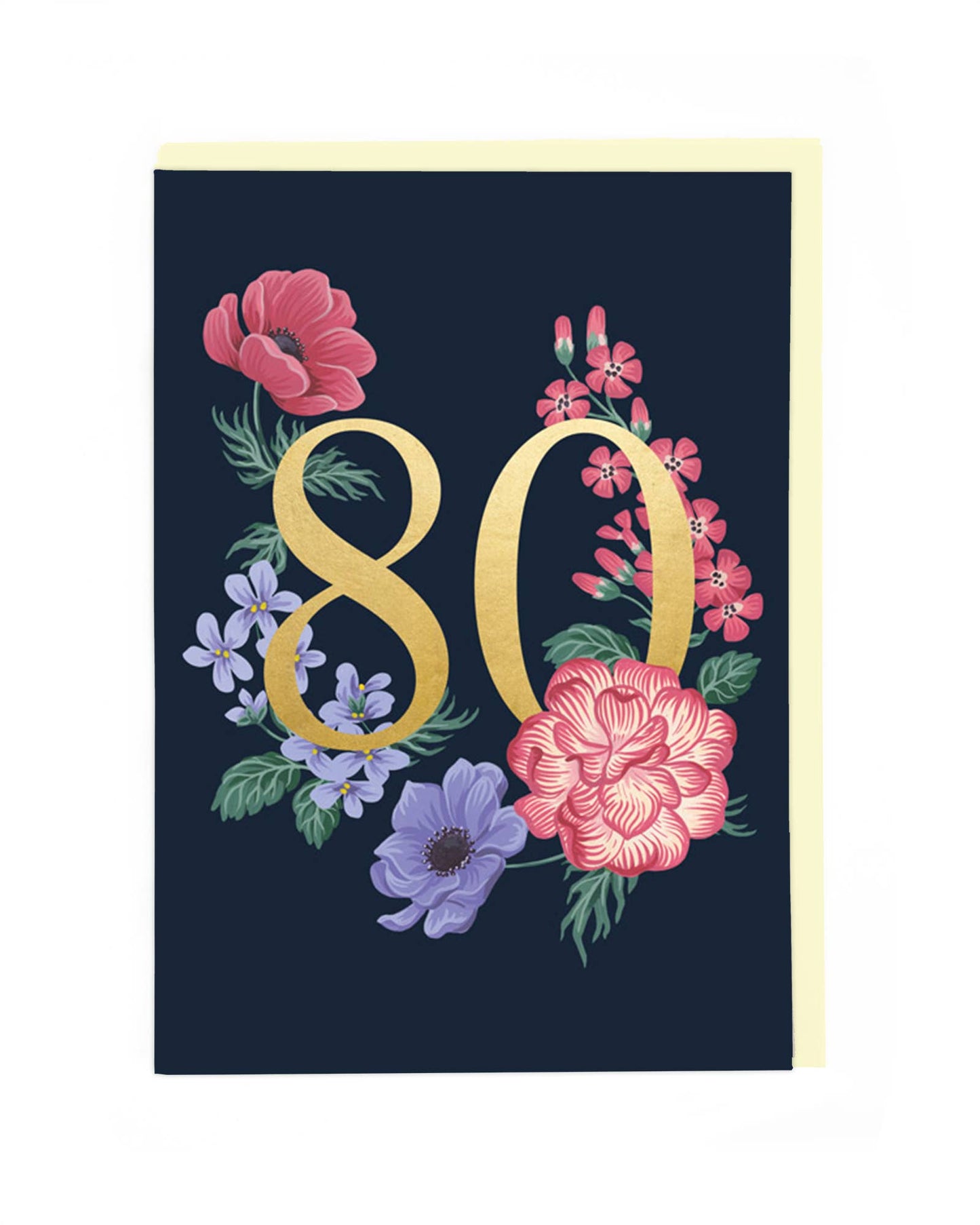 Gold 80 with flowers on a dark background. Card blank inside.