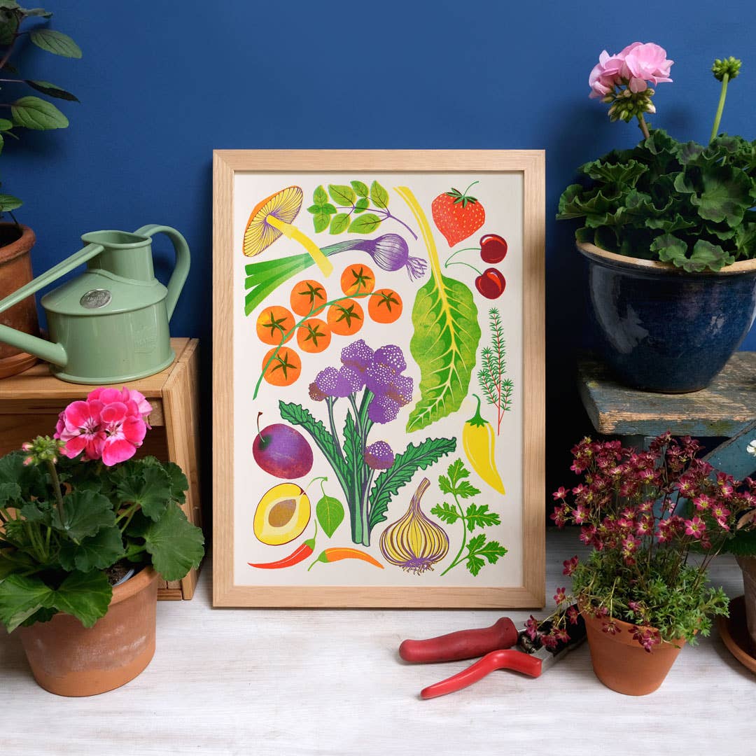 Colourful risograph print of vegetables.