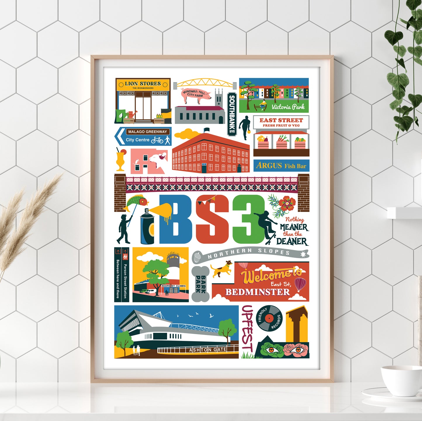 A vibrant print of well known spots, buildings, venues in BS3 Bristol, UK.