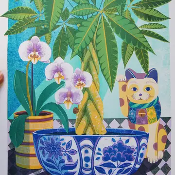 risograph print, with money tree, lucky cat, orchid plant