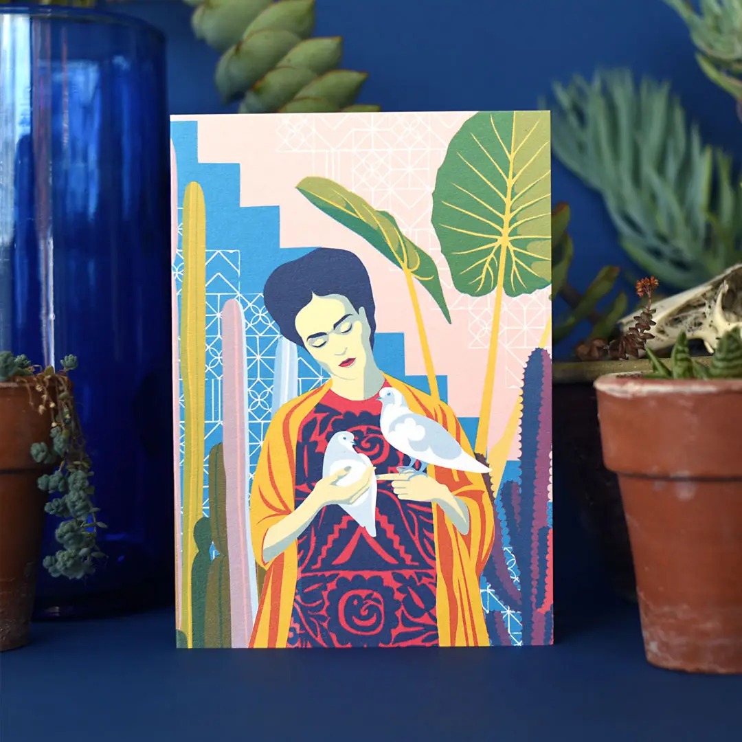 Frida Kahlo card holding 2 doves