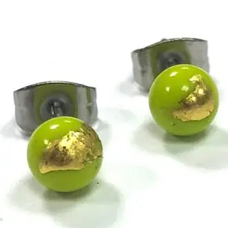 Three lime green glass bead stud earrings with gold leaf accents and silver metal backing, shown on a white background.