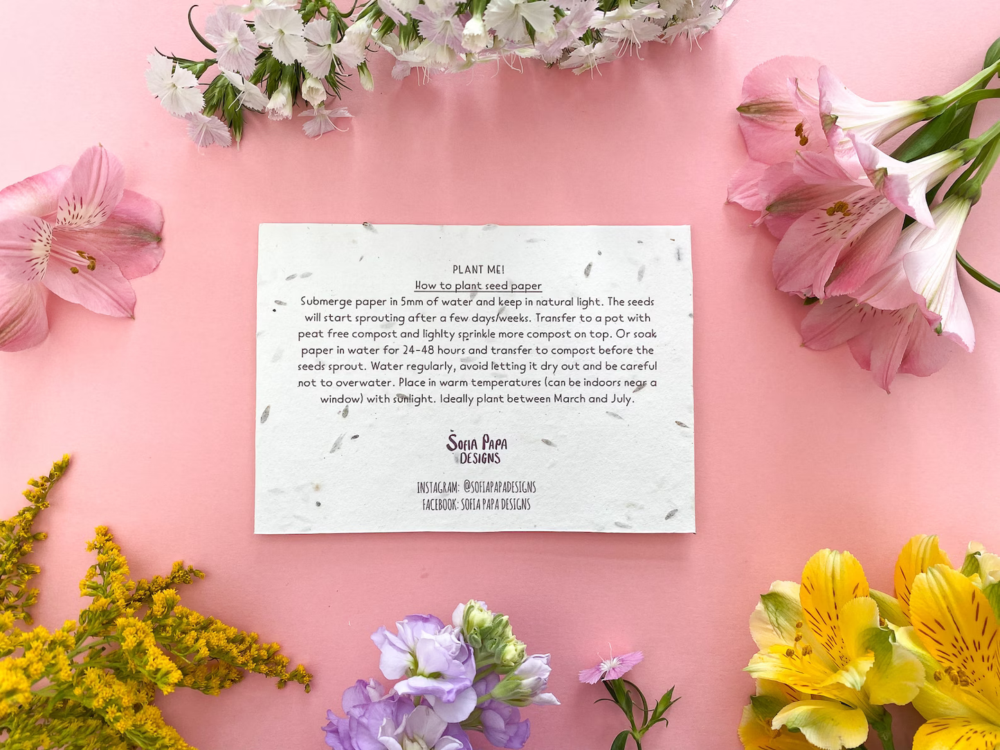 Floral drawing of flowers surrounding the words Happy Mother's Day Mum printed on seeded paper