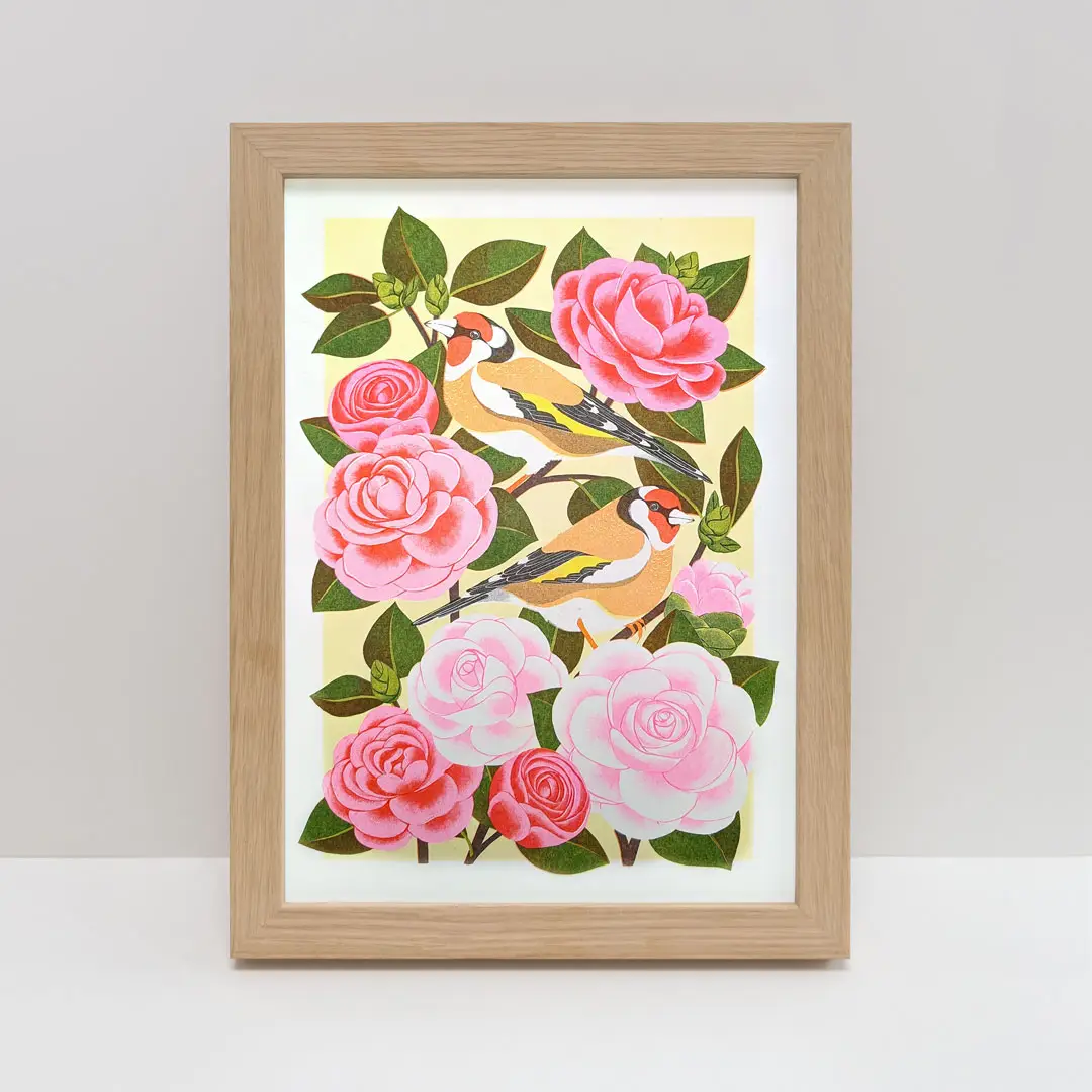 Risograph print of Camille and gold crest birds