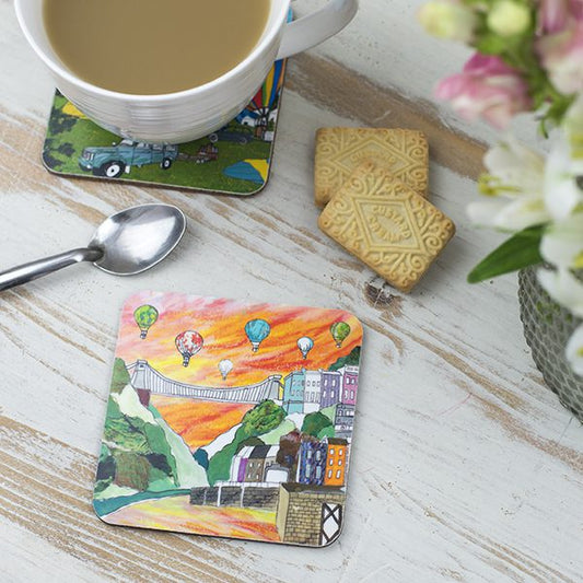 Sunset Bristol Suspension Bridge and balloons on a coaster.