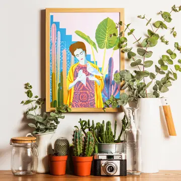 risograph print of Frida Kahlo holding doves