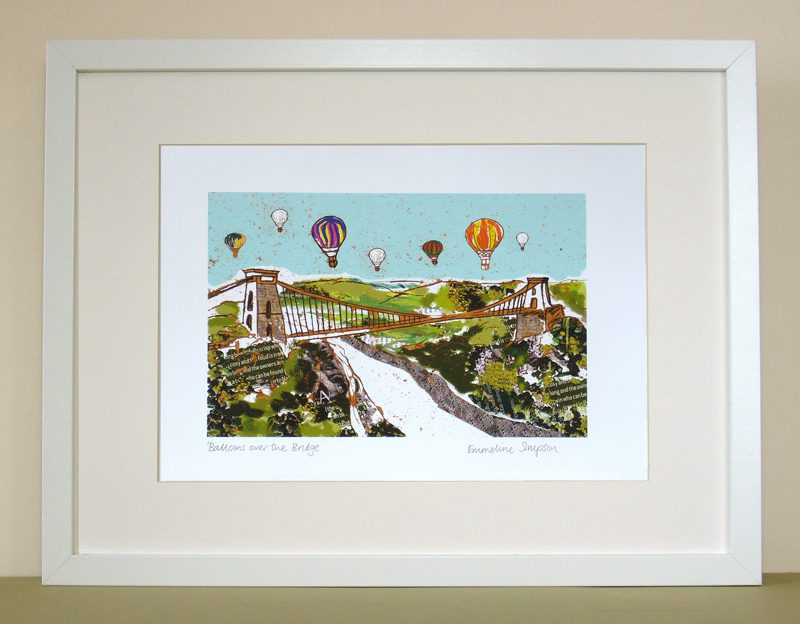Vibrant collage prints of Bristol Suspension Bridge with balloons flying overhead.