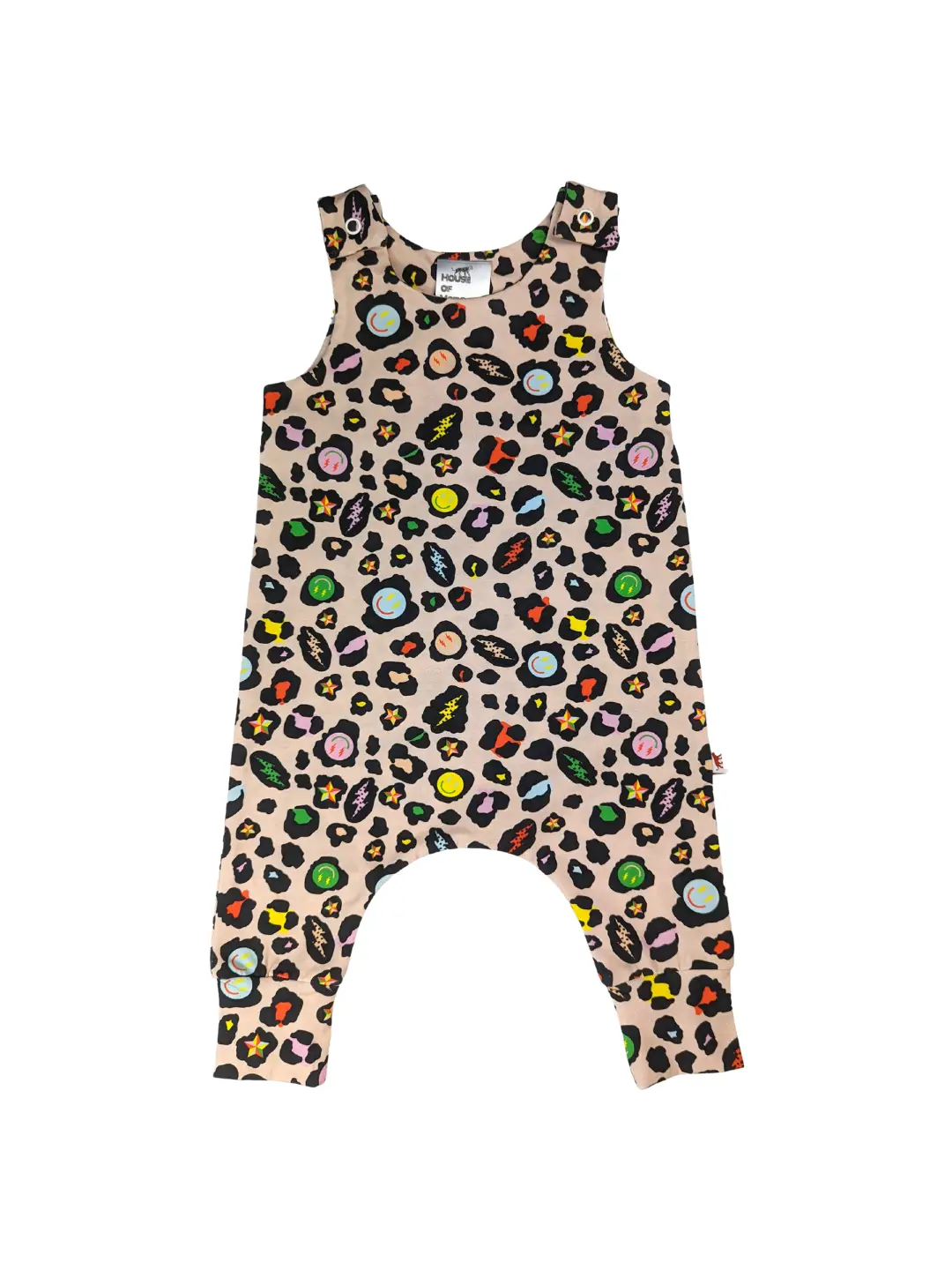 Electric Leopard romper organic cotton. Poppers on shoulder.