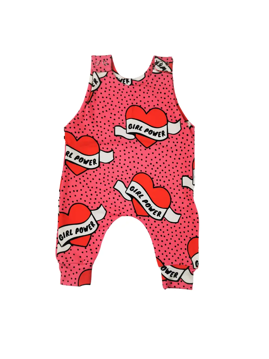 Girl Power Romper made from organic cotton and one popper on the shoulder. Pink with black dot background, red hearts with a white scroll across depicting the words Girl Power.