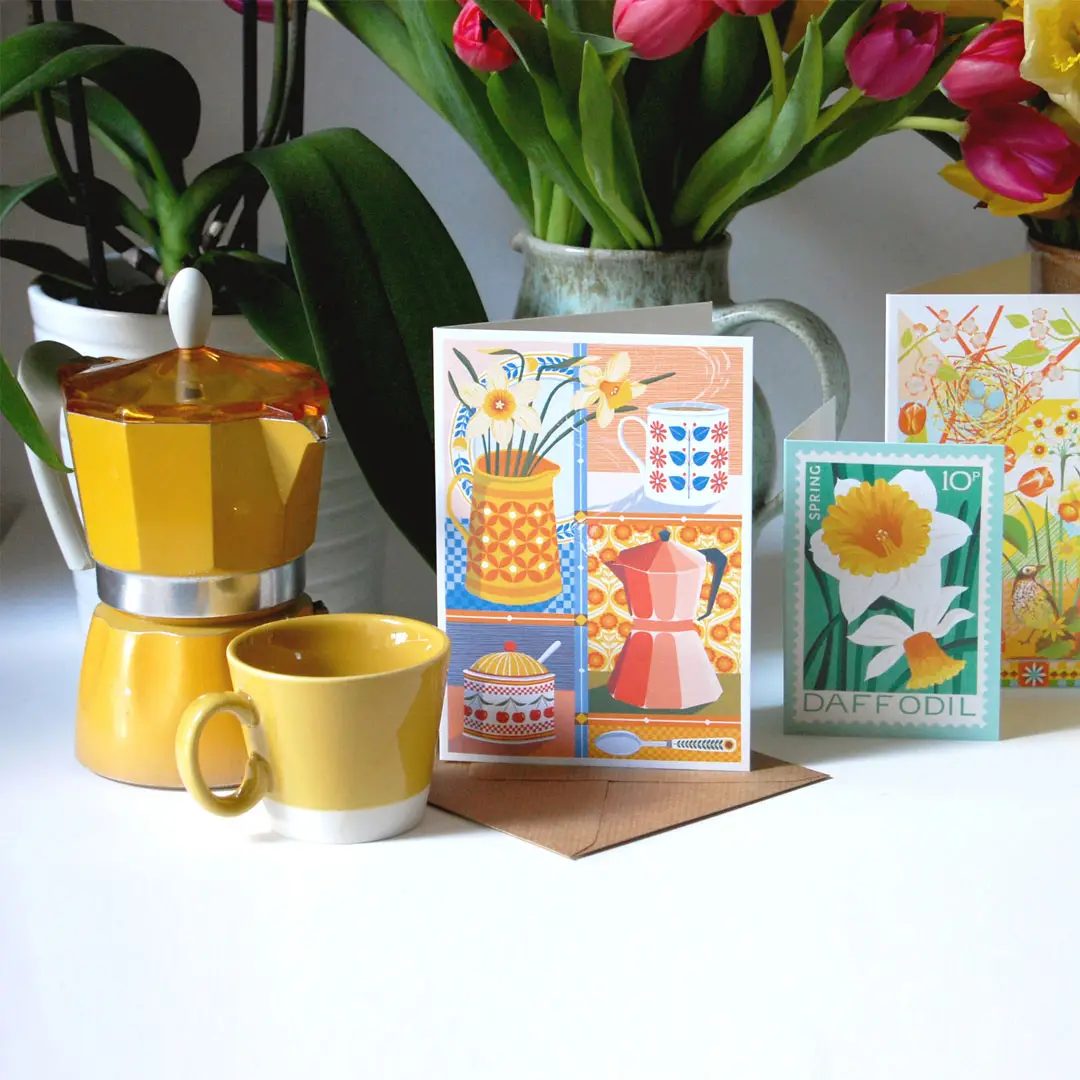 risograph card of coffee and daffodils