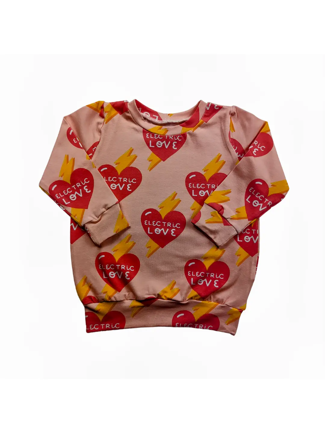 Powder pink sweatshirt with red hearts with Electric Love written in side, lightening bolts in the background.