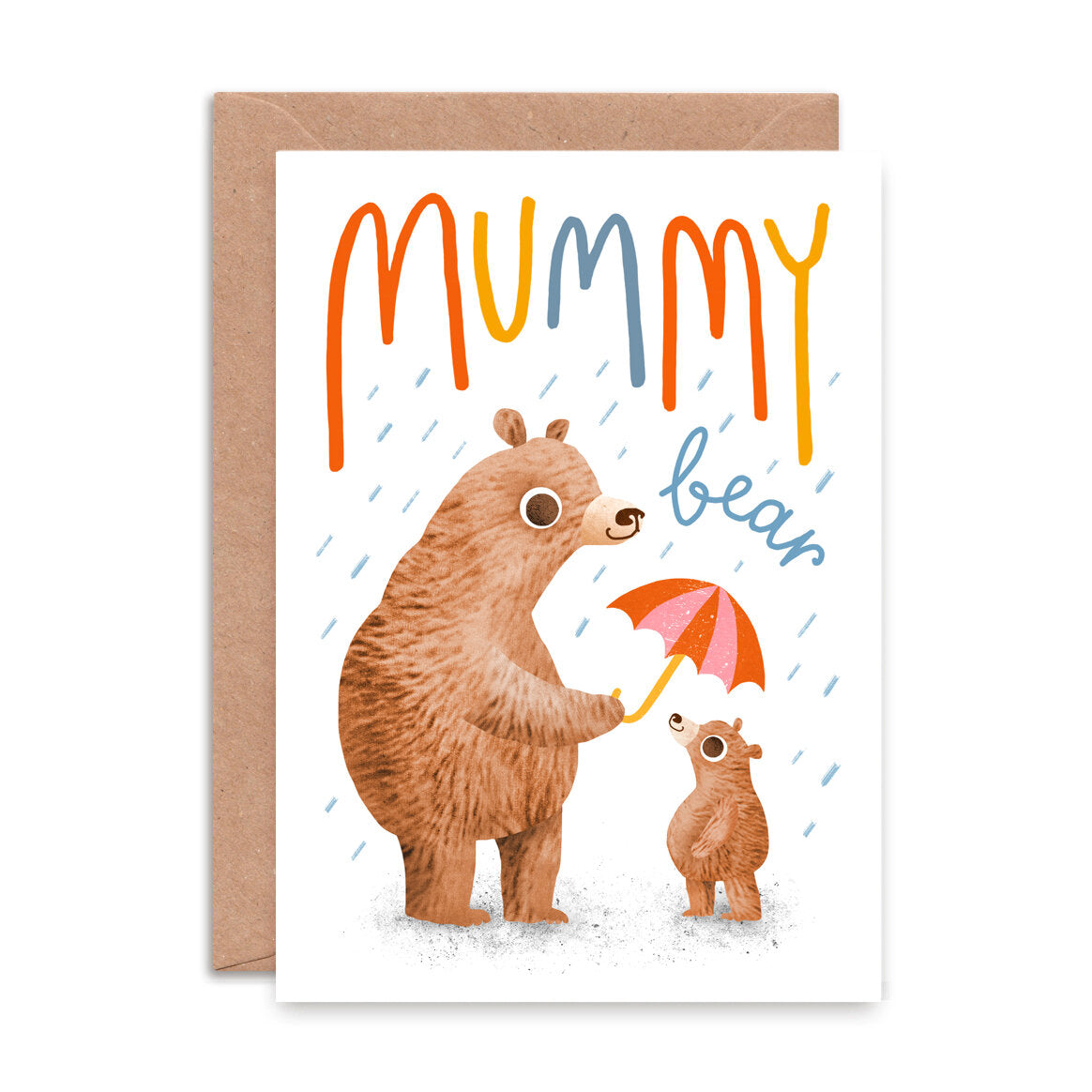 A mummy bear holding an umbrella over a baby bear illustration . A cute mothers day card.
