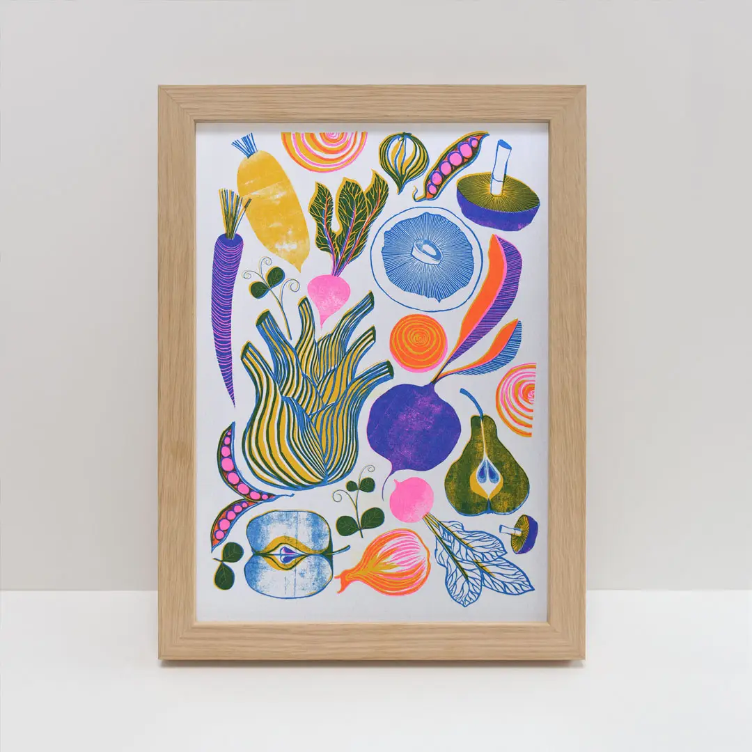 Vibrant risograph print of roots, fruits and shoots.