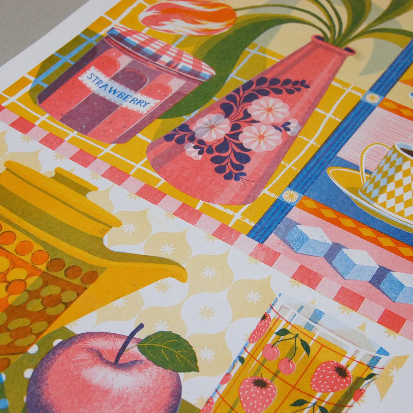 risograph print, with money tree, lucky cat, orchid plant