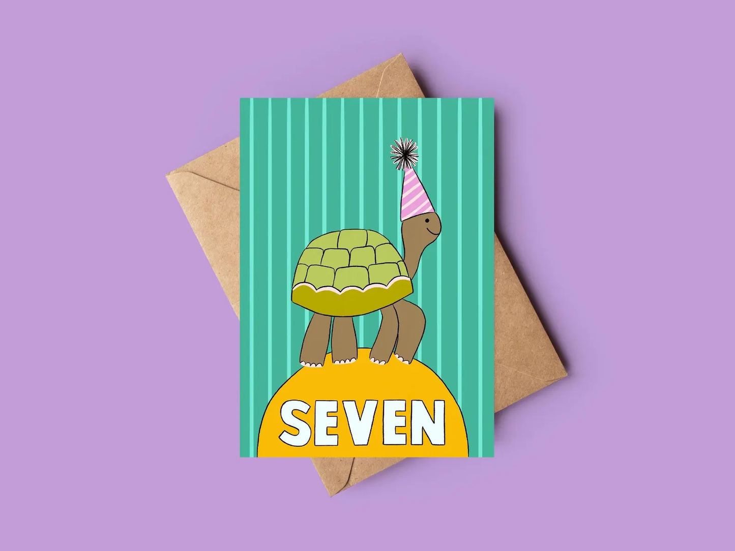 Greeting card with a tortoise illustration and 'SEVEN' text on a purple background