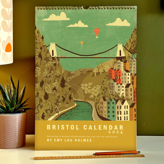 A3 Bristol Calendar depicting illustrations around Bristol original artwork by Emy Lou Holmes
