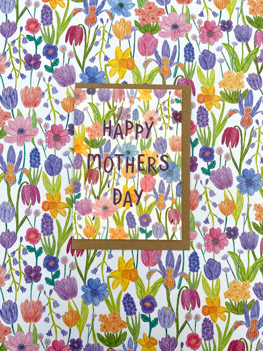 Mothers Day Cards with spring flower illustration covering card and printed on seed embedded paper.