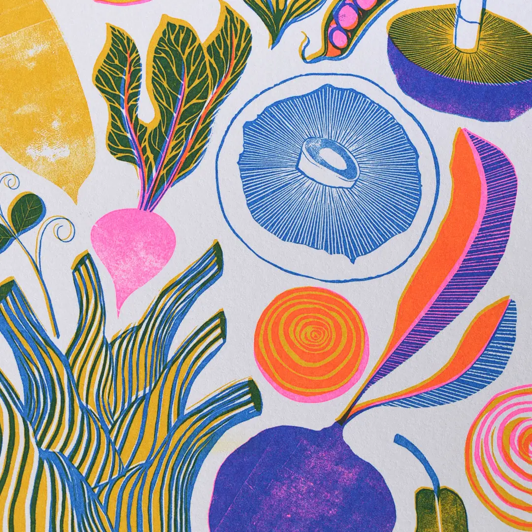 Vibrant risograph print of roots, fruits and shoots.