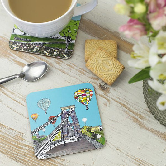 Collage print of Bristol Suspension Bridge with balloons on a Coaster.