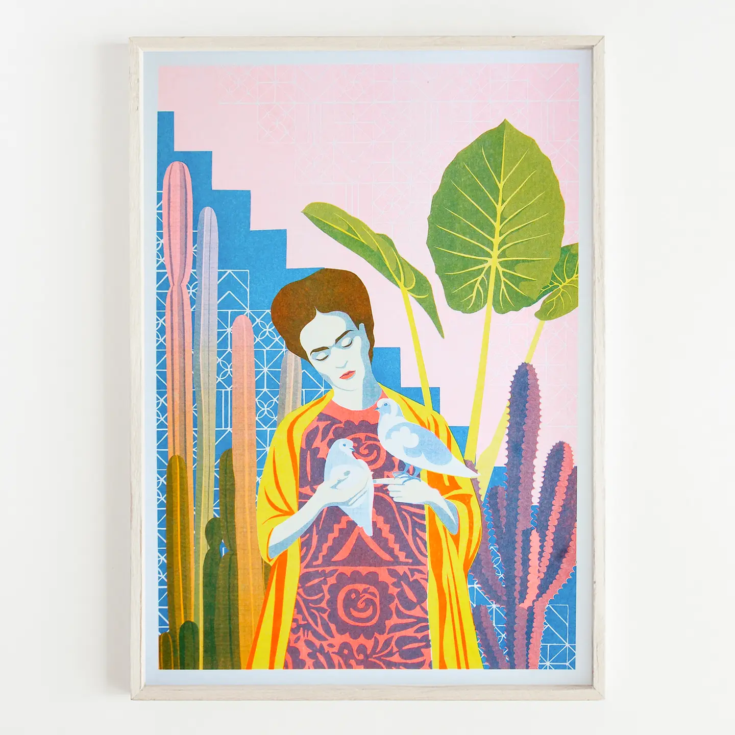 risograph print of Frida Kahlo holding doves