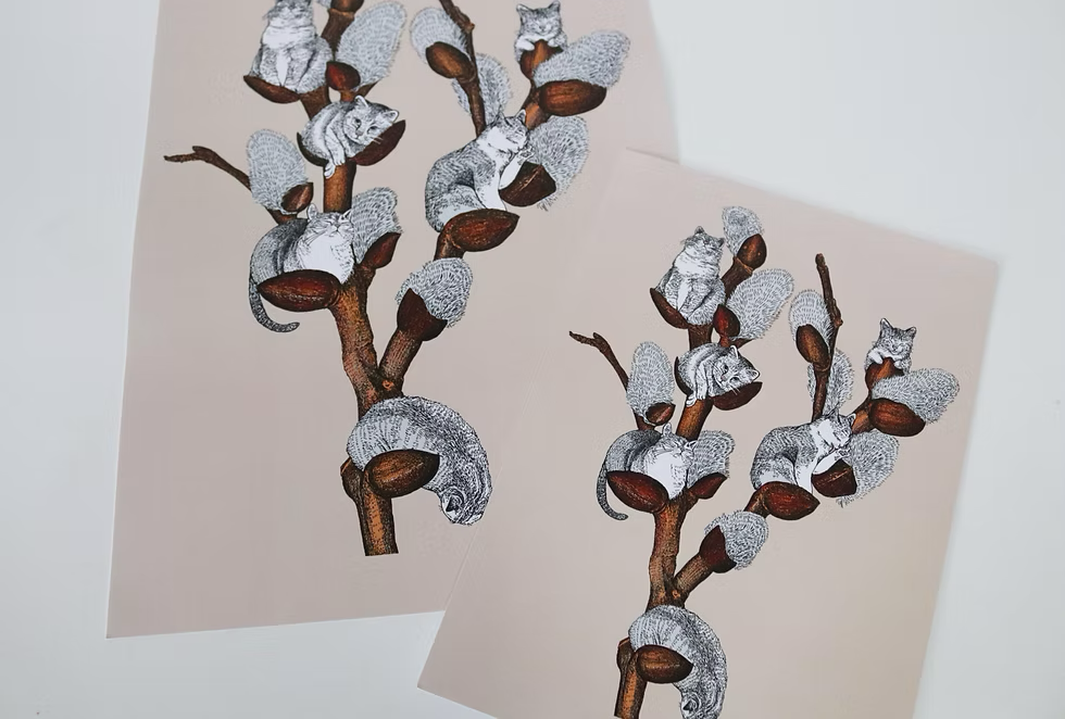 Two cards with decorative branches and acorns on a white background