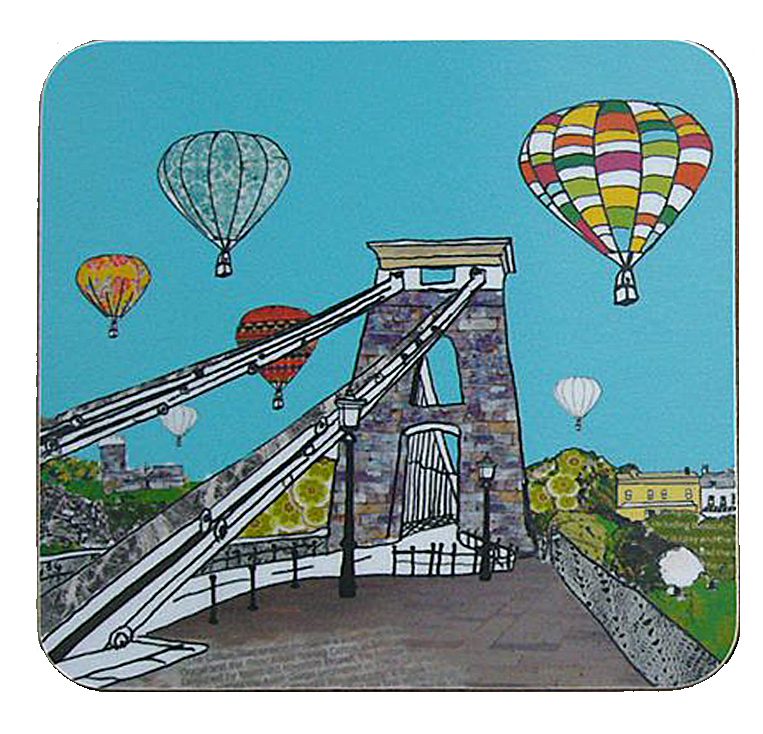 Collage print of Bristol Suspension Bridge with balloons on a Coaster.