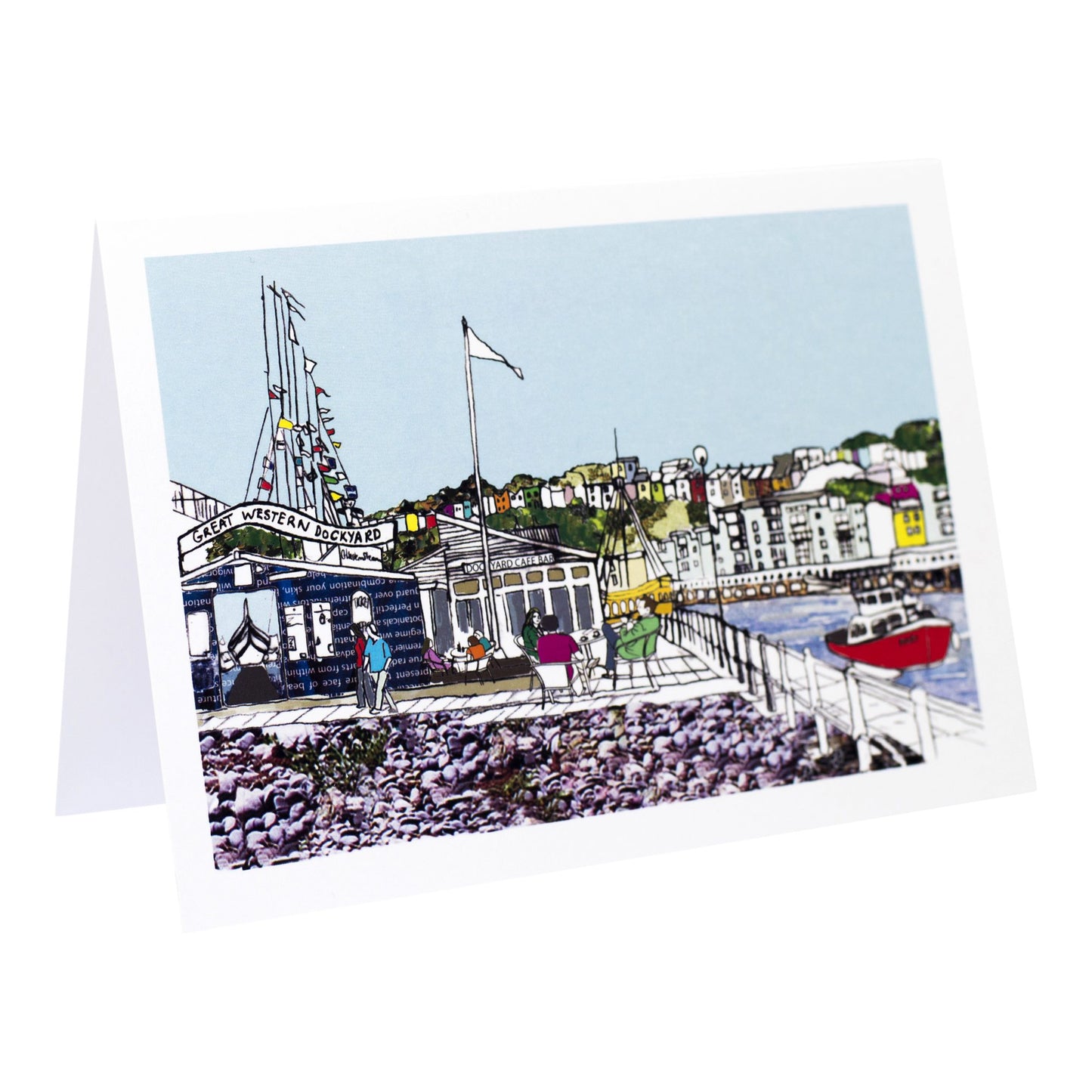 Card illustrating cafe on the dockside in Bristol. Card is blank inside.