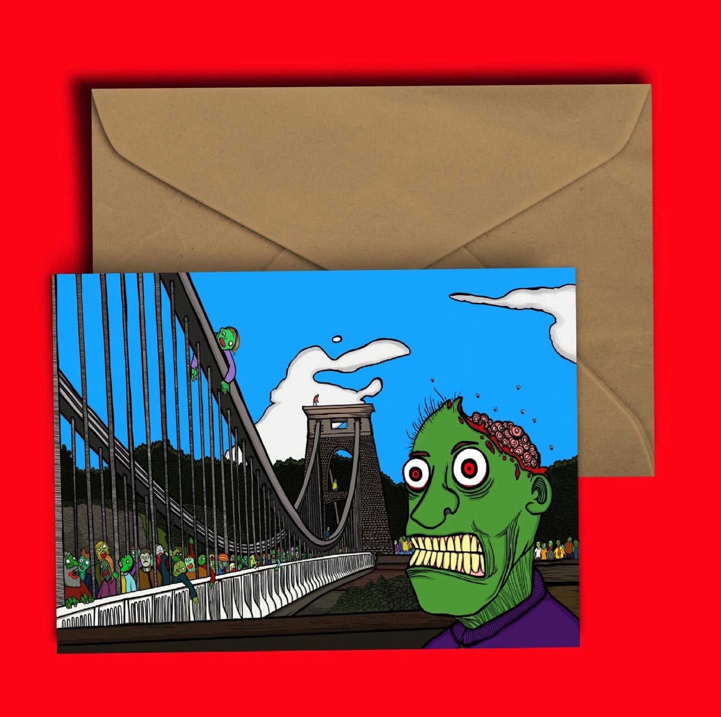 Greetings card with a brightly coloured illustration of Clifton Suspension bridge and a giant zombie. The card is blank inside.