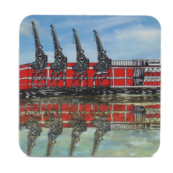 Coaster with illustration of the Mshed and cranes in Bristol