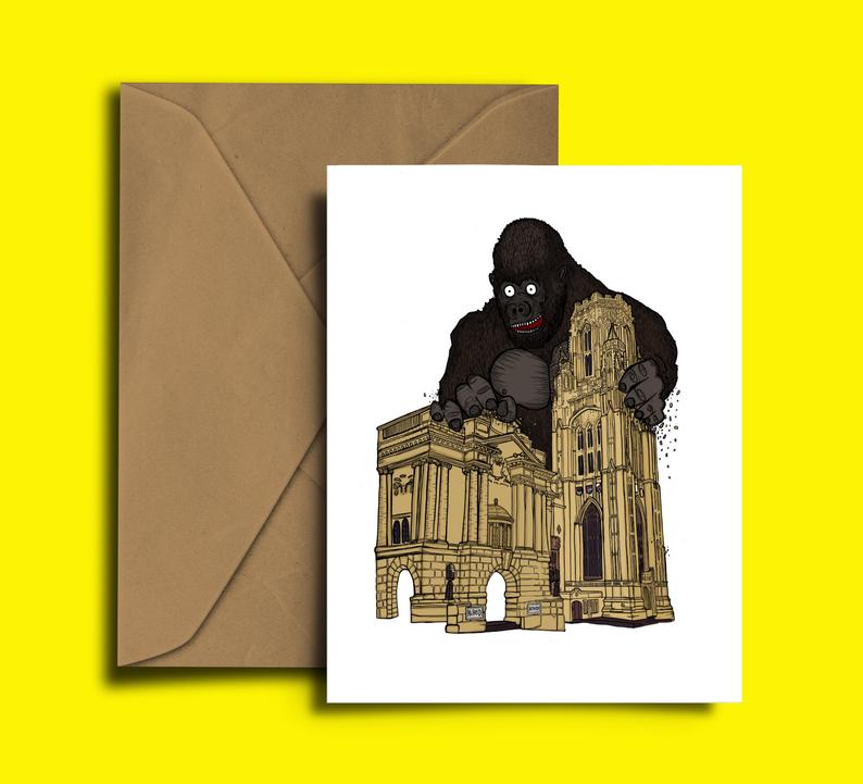 Glass Designs Dixon Does Doodles card with a giant Alfred the gorilla and the Bristol City Museum
