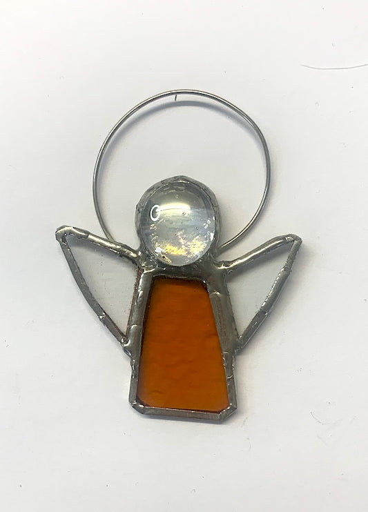 Small Stained Glass Angels with Clear/Amber or Silver nuggets for heads, tinned copper wire halos. A variety of dress colours available and clear glass wings.
