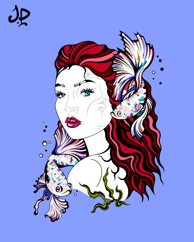 Purple print with fish and stylised woman