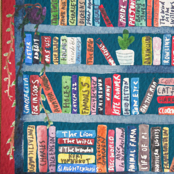 Giclee print on watercolour art paper. Handmade in Bristol. Shows colourful book shelf of books