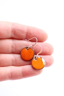 16mm orange enamel disc earrings with sterling silver hoops