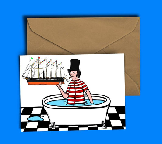Glass Designs Dixon Does Doodles card with a picture of Brunel in the bathtub with his favourite toy: the SS Great Britain