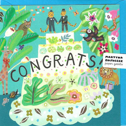 Mr & Mr Leopards Grooms on top of colourful wedding cake with jungle creatures around.