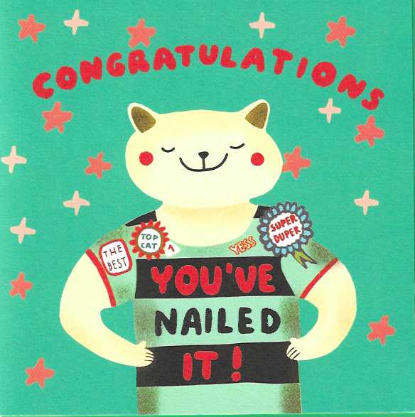 Congratulations card with happy cat with top cat badge. Green background with stars